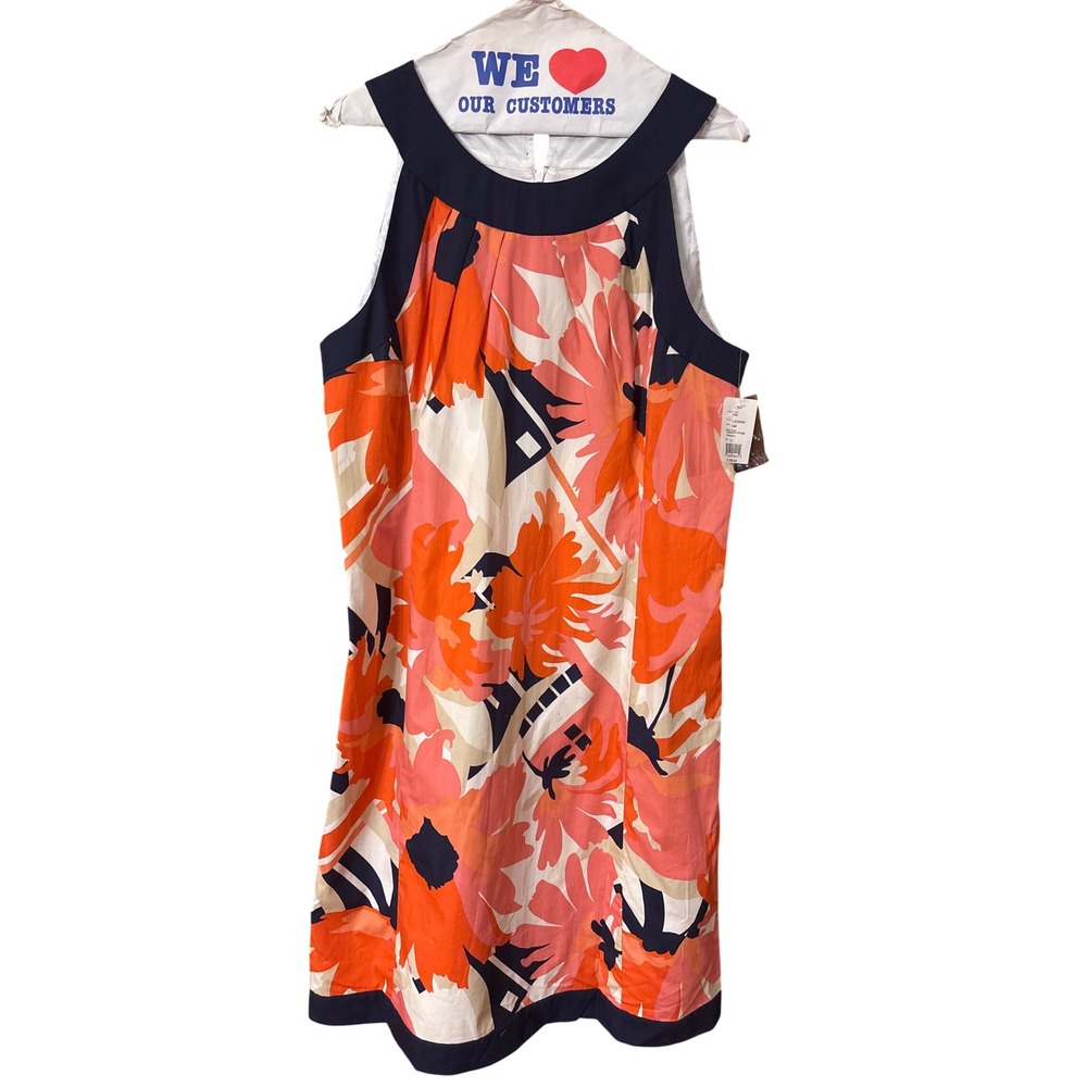 Yves Cossette Depeche Mode Floral Abstract Cotton Shift Dress Orange Navy 12 NEW
